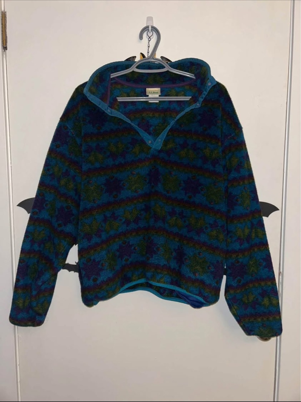 L.L. Bean Blue & Green Patterned Fleece Snap Pullover